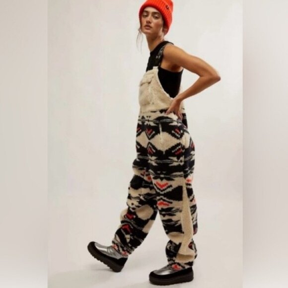 Free People Movement Hit The Slopes Salopette Fleece Overalls Fairisle Small New - Picture 2 of 8